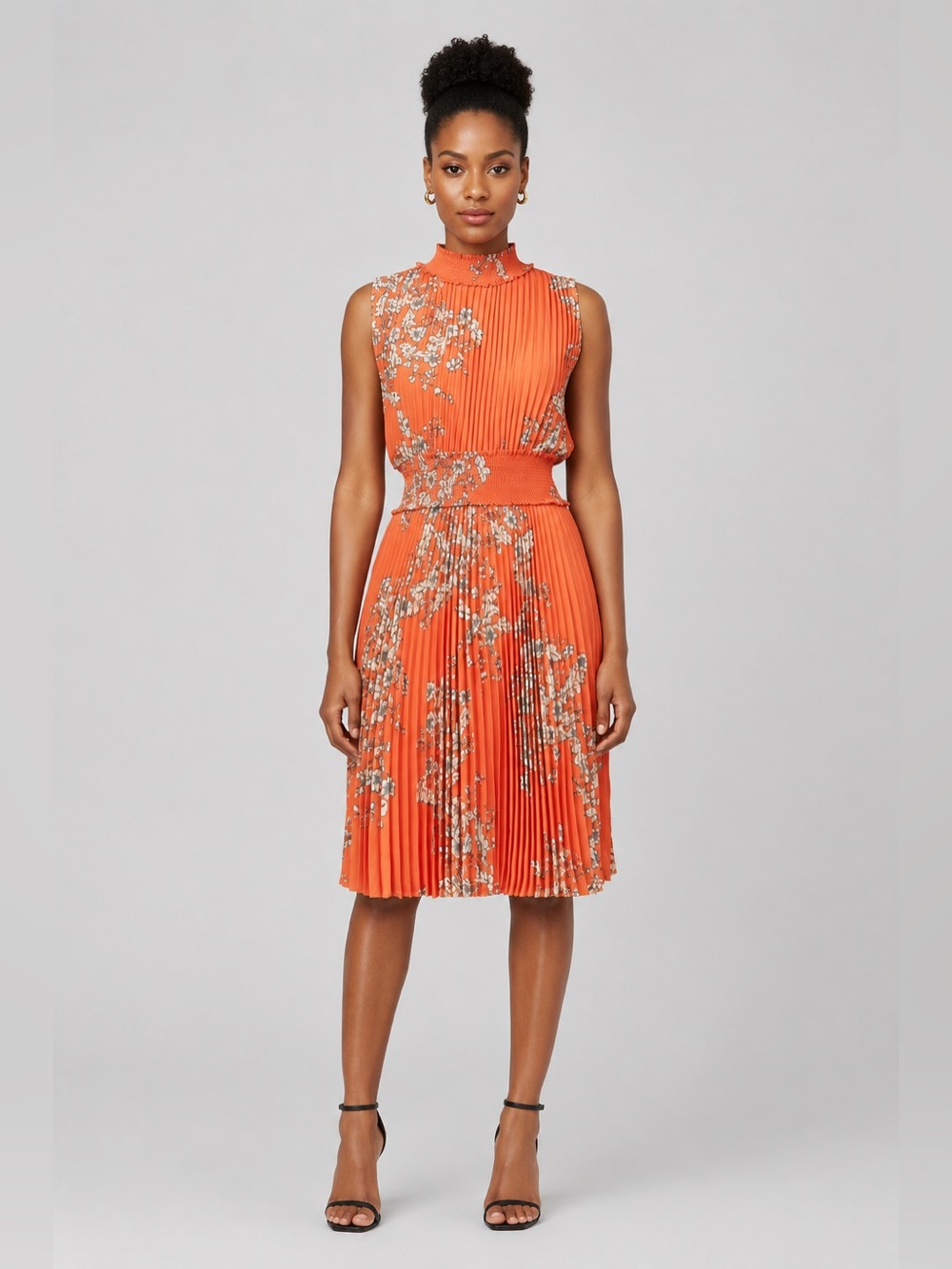 NWT NANETTE LEPORE Pleated Floral Midi Dress 2 Coral Mock Neck Smocked Waist